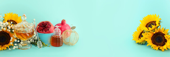 honey, pomegranate and apple. Rosh hashanah (jewish New Year holiday) concept. Traditional symbol