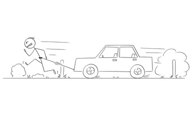 Man Running on Road and Pulling Broken Car, Vector Cartoon Stick Figure Illustration