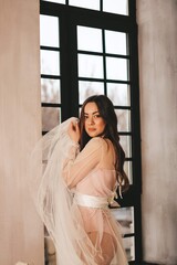  young gentle sexy girl with long hair on the background of a panoramic window.