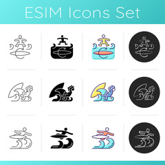 Surf riding icons set. Kickflip surfing technique. Protecting head while falling from surfboard. Flight maneuver. Flying above wave. Linear, black and RGB color styles. Isolated vector illustrations