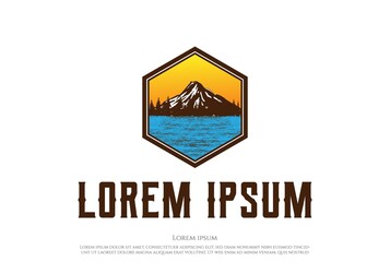 Ice Mountain Pine Evergreen Fir Hemlock Spruce Conifer Cedar Coniferous Cypress Larch Trees Forest Creek River Lake Badge Logo Design Vector