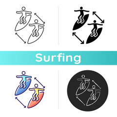 Keeping distance between surfers icon. Preventing surfing injuries. Avoiding contact with other surfer board. Surfing etiquette. Linear black and RGB color styles. Isolated vector illustrations
