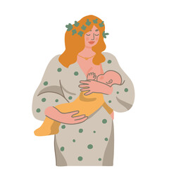 Mother breastfeeding her baby. Woman holding her child and feeding with breast milk. Cartoon style illustration