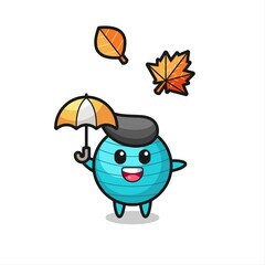 cartoon of the cute exercise ball holding an umbrella in autumn