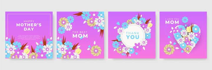 Set of Happy Mothers day typography design. Handwritten calligraphy with 3d paper cut flowers and leaves on white background. Vector illustration.