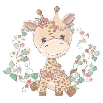 Giraffe illustration isolated on white background, cute animal in cartoon style. Vector animal for prints for baby products, the images are made in a cute cartoon style. 
