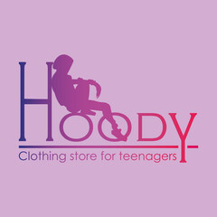 The logo of the sportswear store for young people and teenagers with the silhouette of a teenager in a hoodie in purple tones