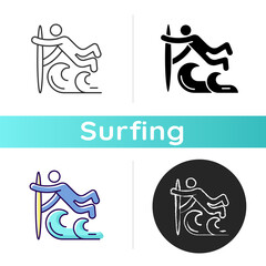 Superman surfing technique icon. Performing advanced aerial maneuver. Extreme sports trick. Flying over wave. Surfing movement. Linear black and RGB color styles. Isolated vector illustrations
