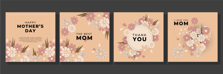 Mother's day greeting card. Vector banner with girl and flying pink paper hearts. Symbols of love on white background with pastel color