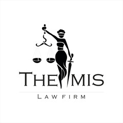 The logo of a law firm with the silhouette of Themis-the goddess of justice, who holds a scale and a sword in her hands on a white background