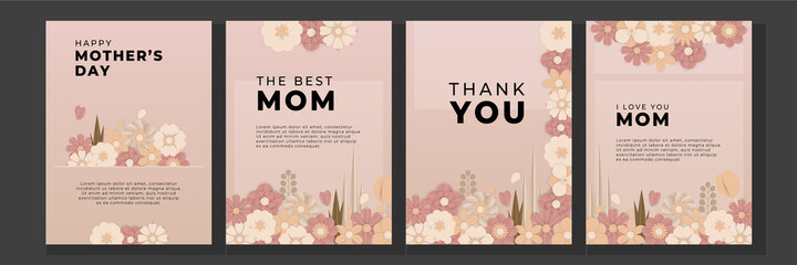 Mother's day greeting card. Vector banner with girl and flying pink paper hearts. Symbols of love on white background with pastel color