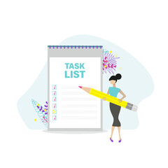 Woman with checklist and to do list.  Project management, planning and keeping score of completed tasks concept. Flat vector illustration.