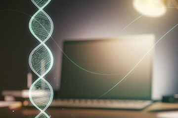 Double exposure of creative DNA hologram on laptop background. Bio Engineering and DNA Research concept