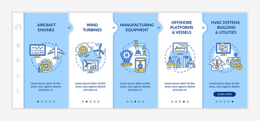 Digital twin application by industry onboarding vector template. Responsive mobile website with icons. Web page walkthrough 5 step screens. Aircraft engines color concept with linear illustrations