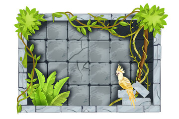 Stone jungle game frame, vector user interface rock background, cracked tiles, tropical bushes, parrot. Ancient nature sign board, UI window menu panel, rectangle boulder screen. Jungle frame, liana