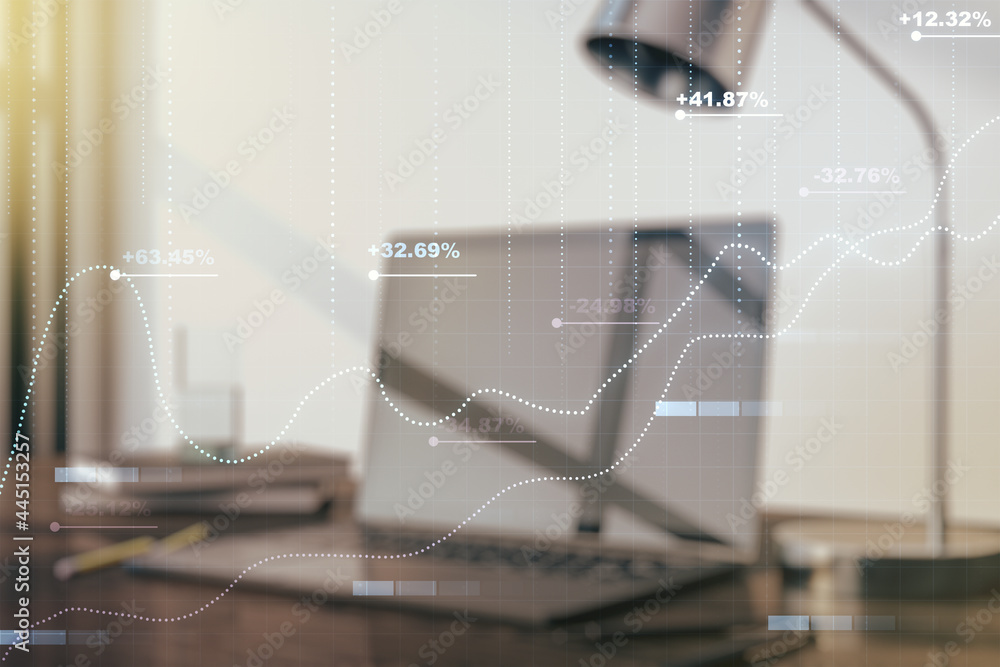Poster double exposure of abstract creative statistics data hologram on computer background, analytics and 
