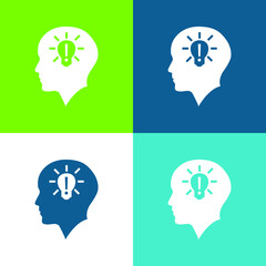 Bald Head With Lightbulb With Exclamation Sign Inside Flat four color minimal icon set