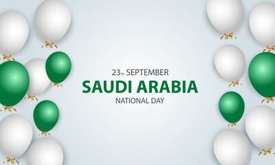 Saudi Arabia National Day 23 September. Saudi Arabia flag celebrates independence day. Ribbons, balloons and fireworks. vector illustration