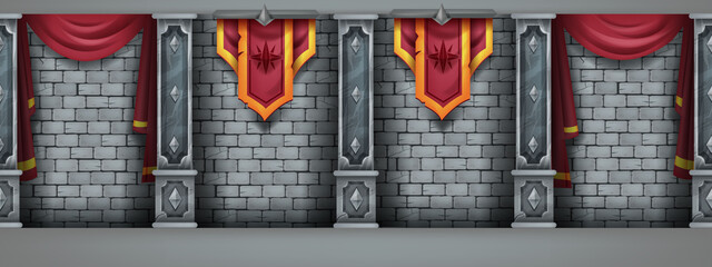 Stone castle wall background, brick medieval vector texture, palace interior illustration, marble column. Seamless vintage room backdrop, royal standard, red curtains, pillar. Cracked rock castle wall © Oleksandra