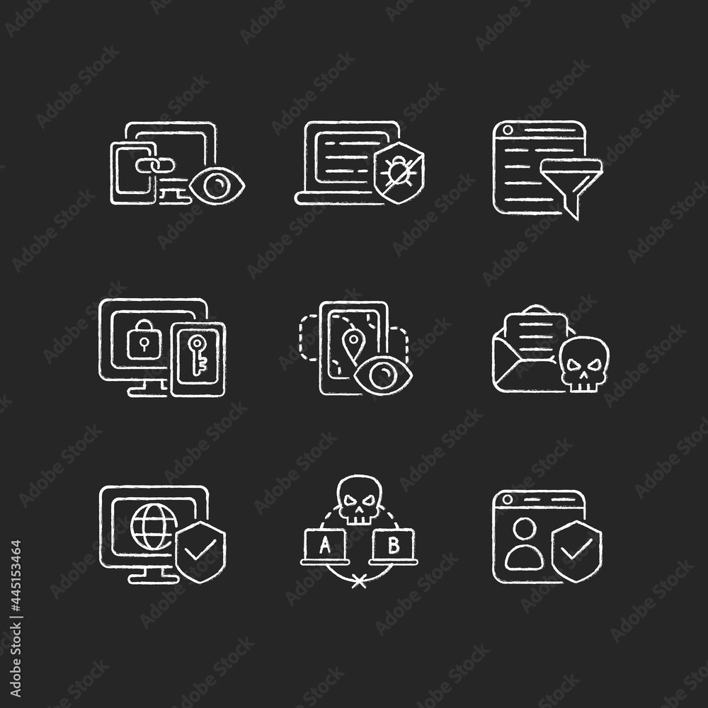 Poster internet surveillance chalk white icons set on dark background. cross-device tracking. antivirus sof