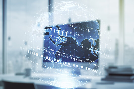 Multi exposure of abstract creative coding sketch with world map on modern laptop background, artificial intelligence and neural networks concept
