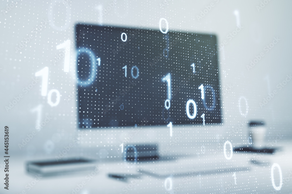 Aufkleber double exposure of creative abstract binary code hologram on laptop background. database and program