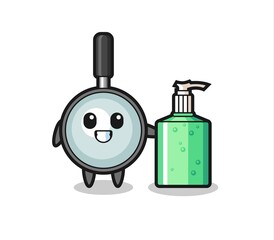cute magnifying glass cartoon with hand sanitizer