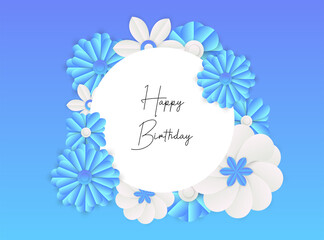 Greeting card with trendy blue floral and leaves. Happy Birthday. Farm flower. Happy birthday greeting card and party invitation, vector illustration, hand drawn style.