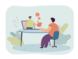Man working online receiving salary. Flat vector illustration. Freelancer making money on Internet, getting profit, tiny person holding out coins from computer monitor. Internet, job, money concept
