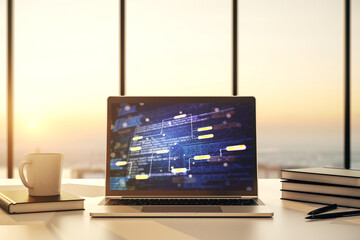 Modern computer screen with abstract graphic coding sketch, big data and networking concept. 3D...