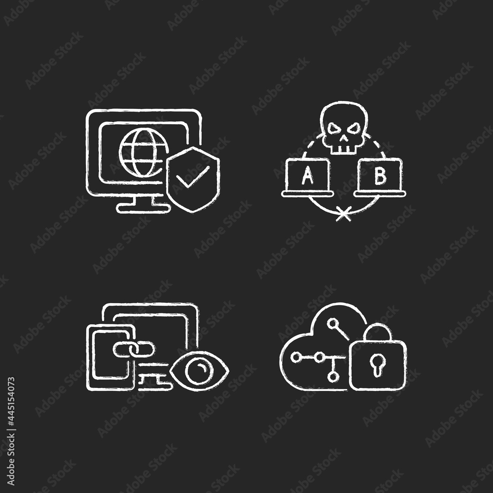 Poster internet privacy chalk white icons set on dark background. network security. sniffing attack. cross-