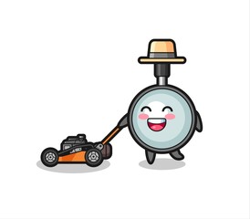 illustration of the magnifying glass character using lawn mower
