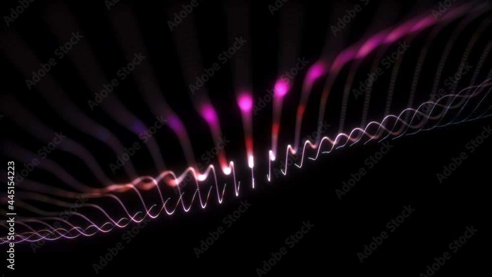 Poster wave of glow purple pink neon particles. futuristic dots dynamic wave slow motion background. 4k 3d 