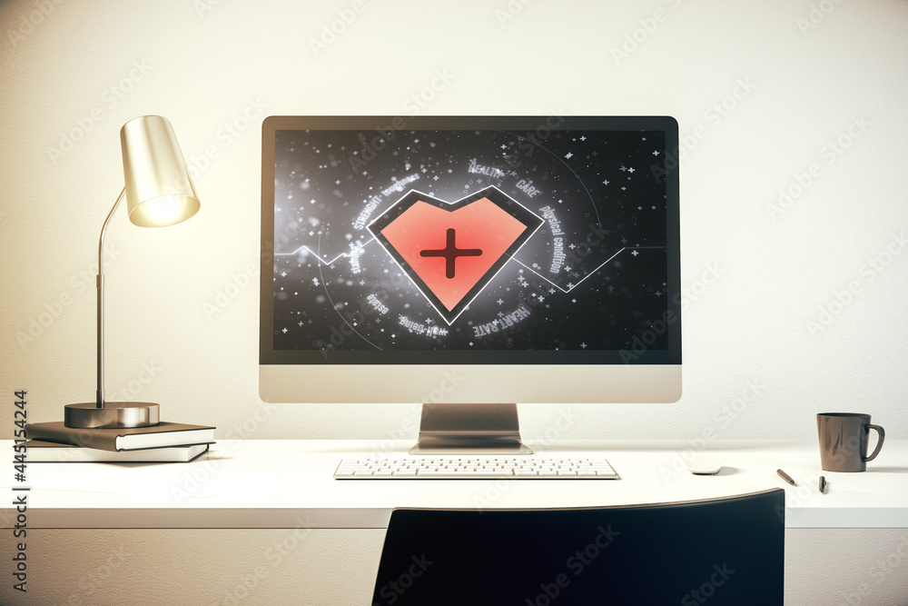 Poster modern computer monitor with creative abstract heart rate hologram. healthcare technolody concept. 3
