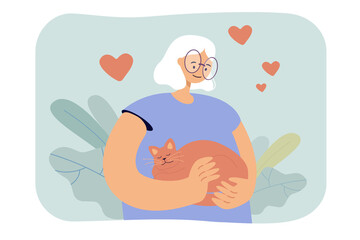 Cartoon woman hugging cat affectionately. Flat vector illustration. Girl with white hair holding red-haired pet in her hands with feeling of affection. Pet, animal, care, loneliness, love concept