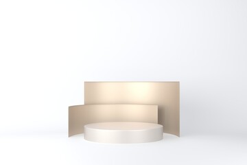 Gold pedestal or podium on white background for product demonstration.  3D rendering.
