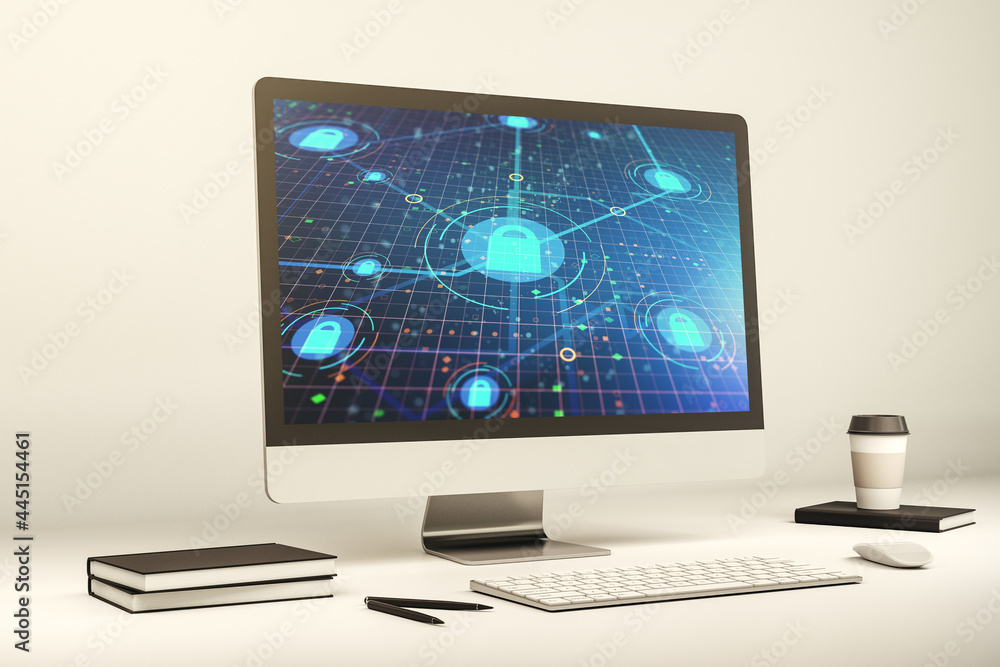 Poster creative lock sketch with chip hologram on modern computer monitor, protection of personal data conc