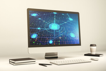 Fototapeta premium Creative lock sketch with chip hologram on modern computer monitor, protection of personal data concept. 3D Rendering