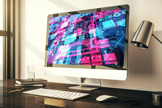 Modern computer display with abstract software development hologram, research and analytics concept. 3D Rendering