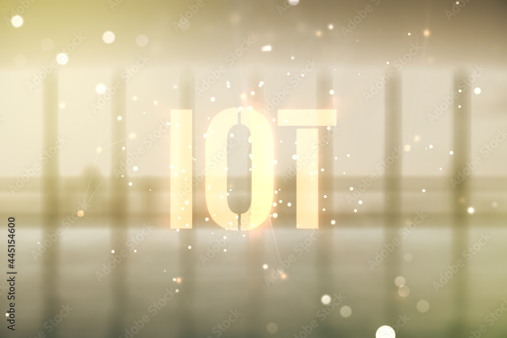 Poster double exposure of abstract virtual iot hologram on empty modern office background, research and dev