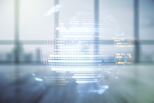 Double exposure of abstract programming language hologram and world map on empty modern office background, research and development concept