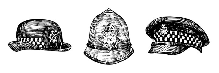 Custodian helmet, british police woman uniform hat, British Bobby police hat, UK police hat  gravure style ink drawing illustration isolated on white - 445154806