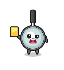 cartoon magnifying glass character as a football referee giving a yellow card