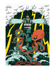 Giant octopus with tentacles wrapped around a lighthouse illustration wall art print and poster design.