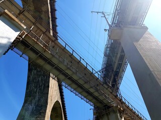 Fototapeta premium Three railway bridges against the blue sky