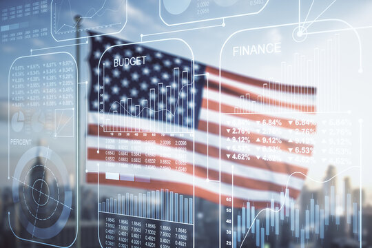 Multi exposure of creative statistics data hologram on USA flag and blurry skyscrapers background, stats and analytics concept