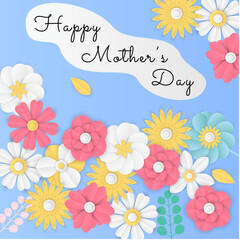 Happy Mothers day typography design. Handwritten calligraphy with 3d paper cut flowers and leaves on white background. Vector illustration.
