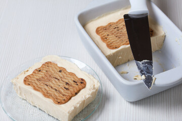 Homemade ice cream. Cookies and cream. Cut up and put on a saucer. Close-up shot.