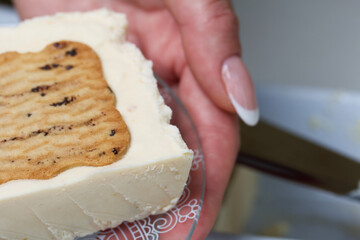 Woman cuts homemade ice cream. Cookies and cream. Close-up shot.