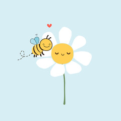 Daisy flower and bee cartoon on green background vector.